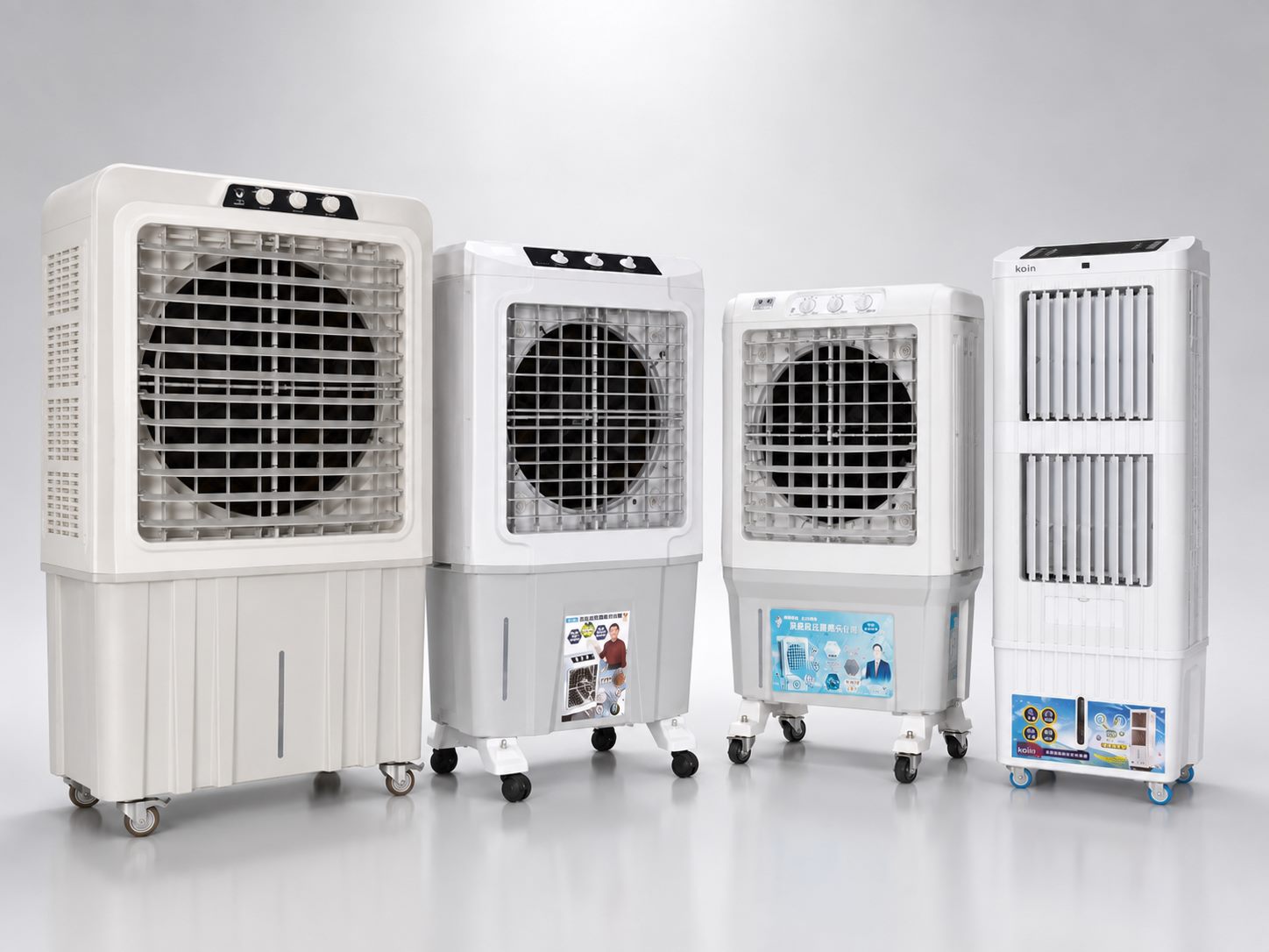 Lapolo 與 Kolin 多款水冷扇機型展示,包含 7L、30L、40L、60L、80L、105L,適合水冷扇出租與購買諮詢